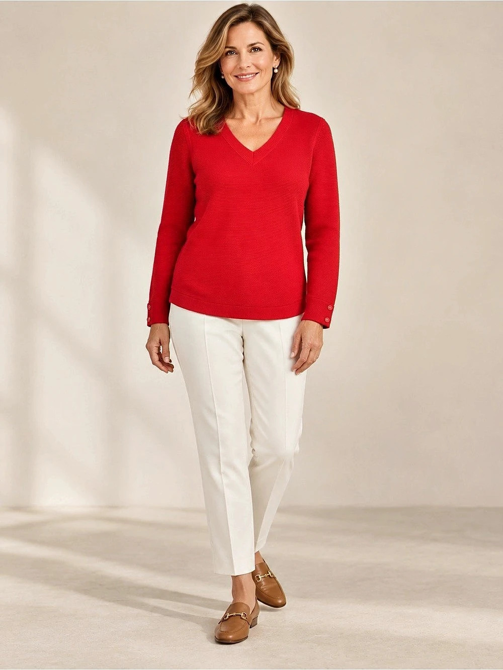 Talbots Red V-Neck Textured Sweater with Button Cuffs Sweater Like